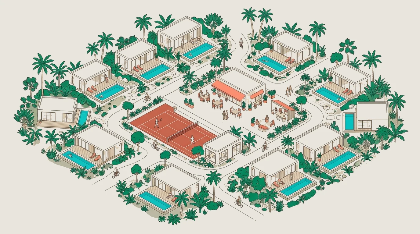 Plano isométrico del desarrollo Lendang Luar — arquitectura y planificación en Lombok