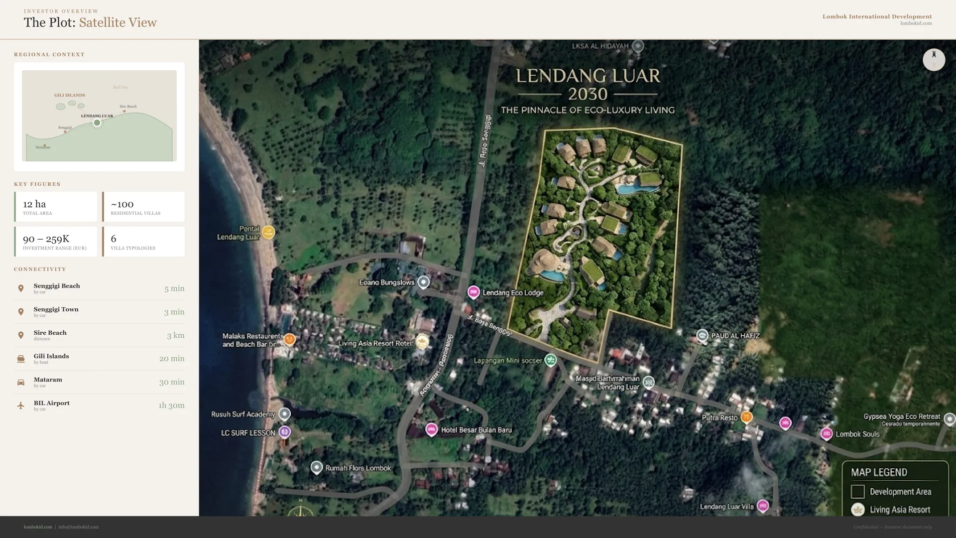 Vista satélite de la ubicación de Lendang Luar en Lombok mostrando proximidad al aeropuerto internacional