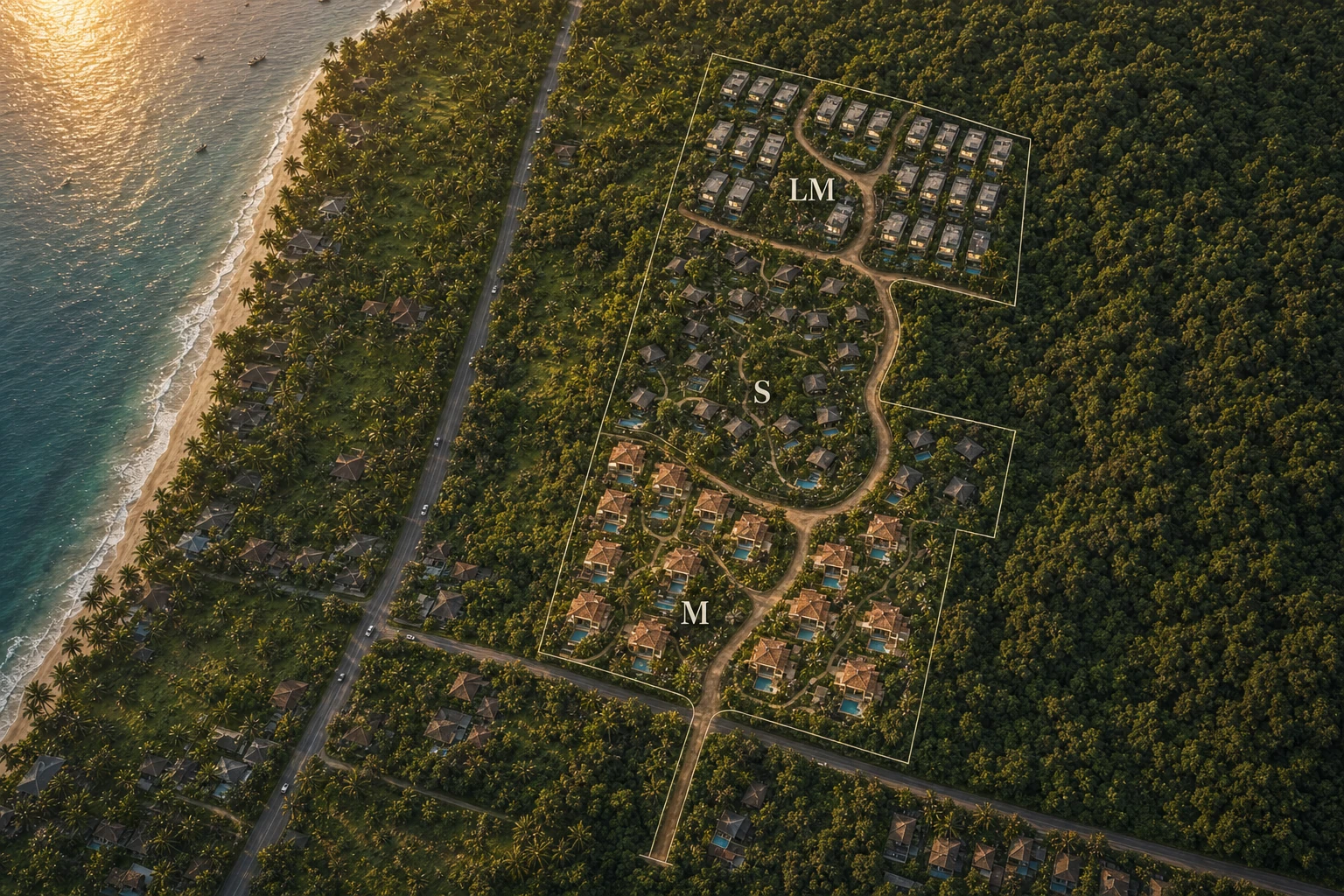 Render de la primera fase del desarrollo Lendang Luar en Lombok, con arquitectura tropical Japandi y proximidad al circuito de Mandalika
