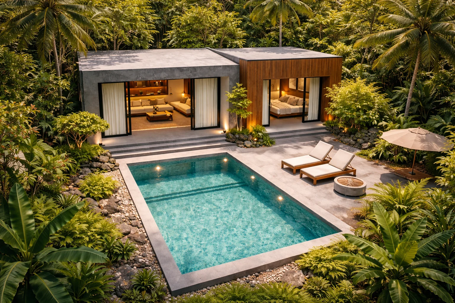 Vista aérea de una villa en Lendang Luar con piscina, vegetación y arquitectura Japandi tropical