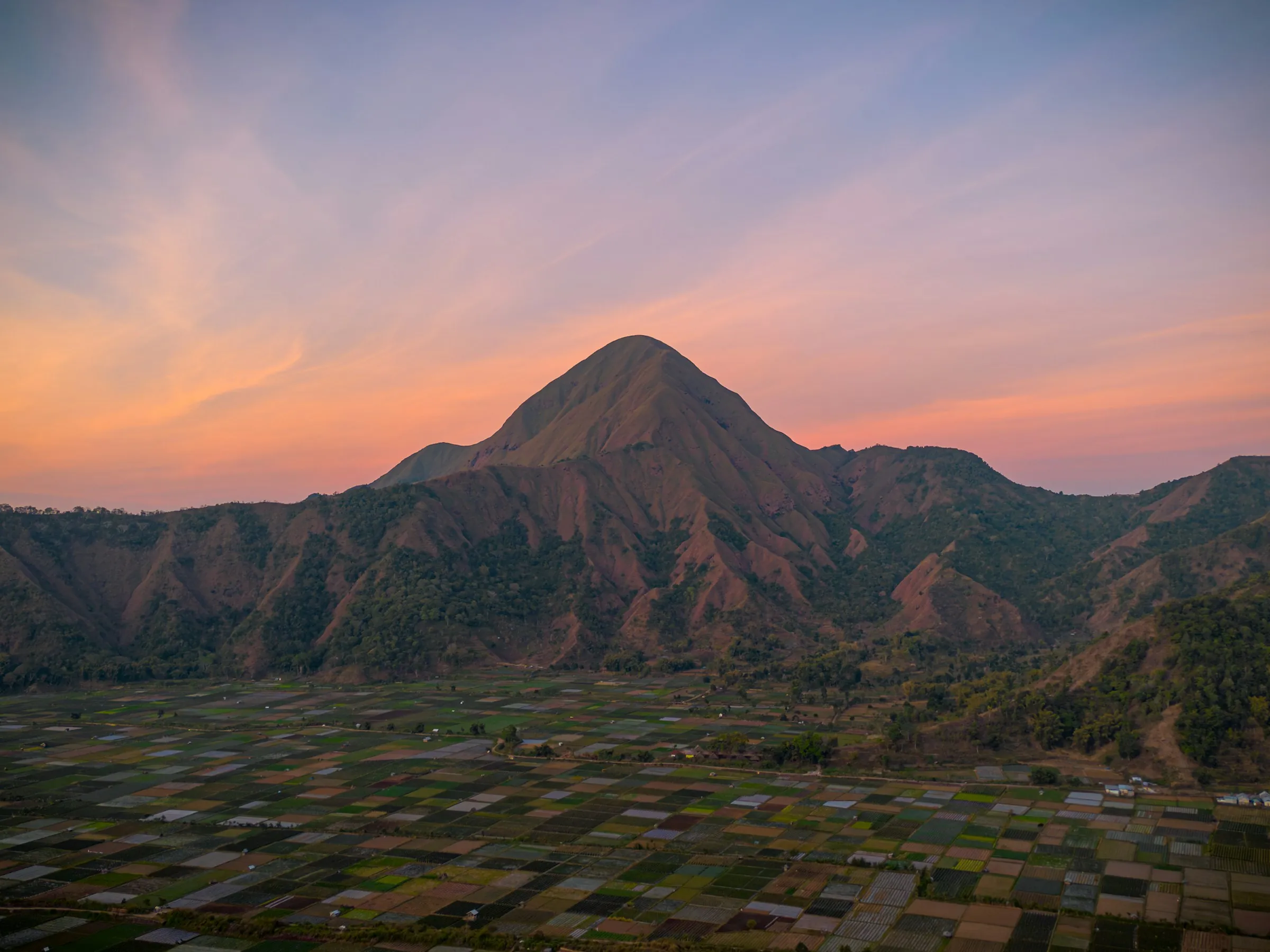 Sunset over Sembalun fields, east Lombok