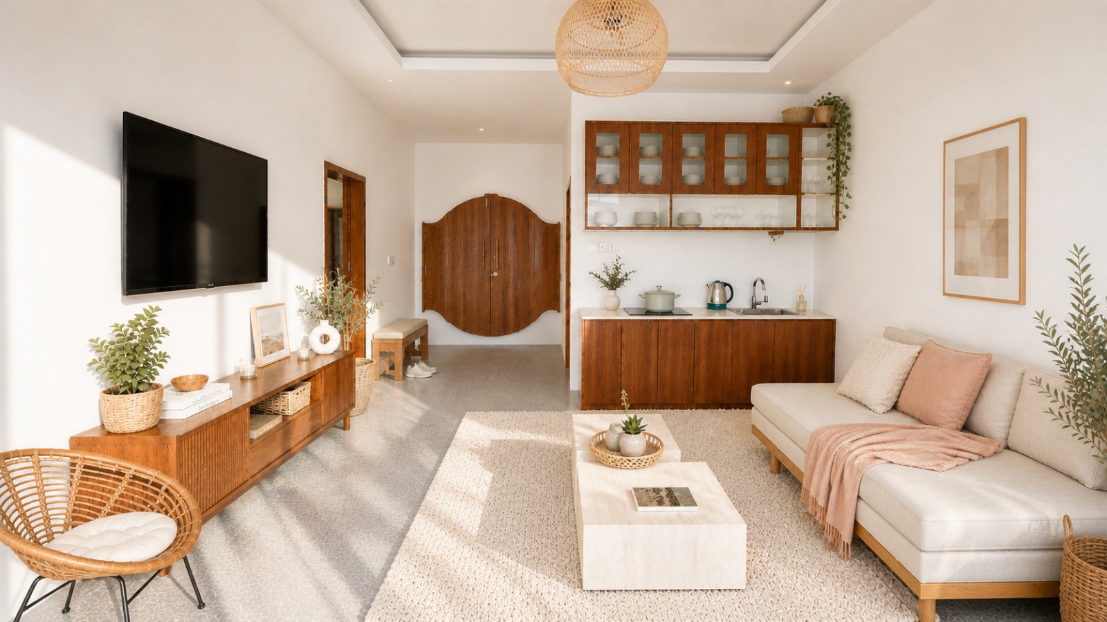 Open-plan living with kitchen, TV and wooden cabinetry