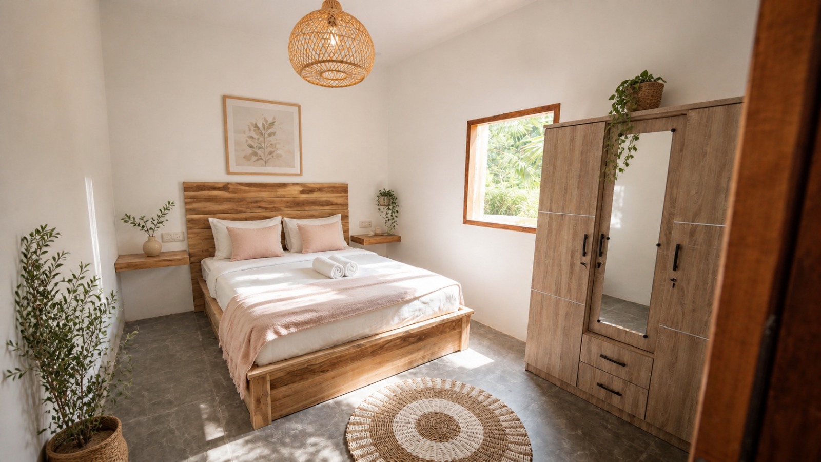 Guest bedroom with garden view and wooden bed frame