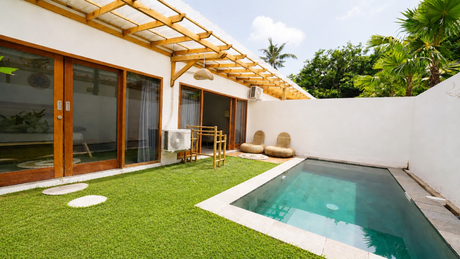 Exterior with wooden pergola and pool area