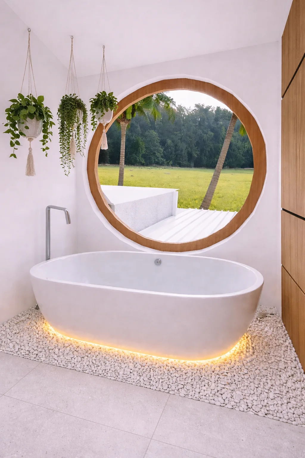 Spa tub with round window and hanging macramé plants