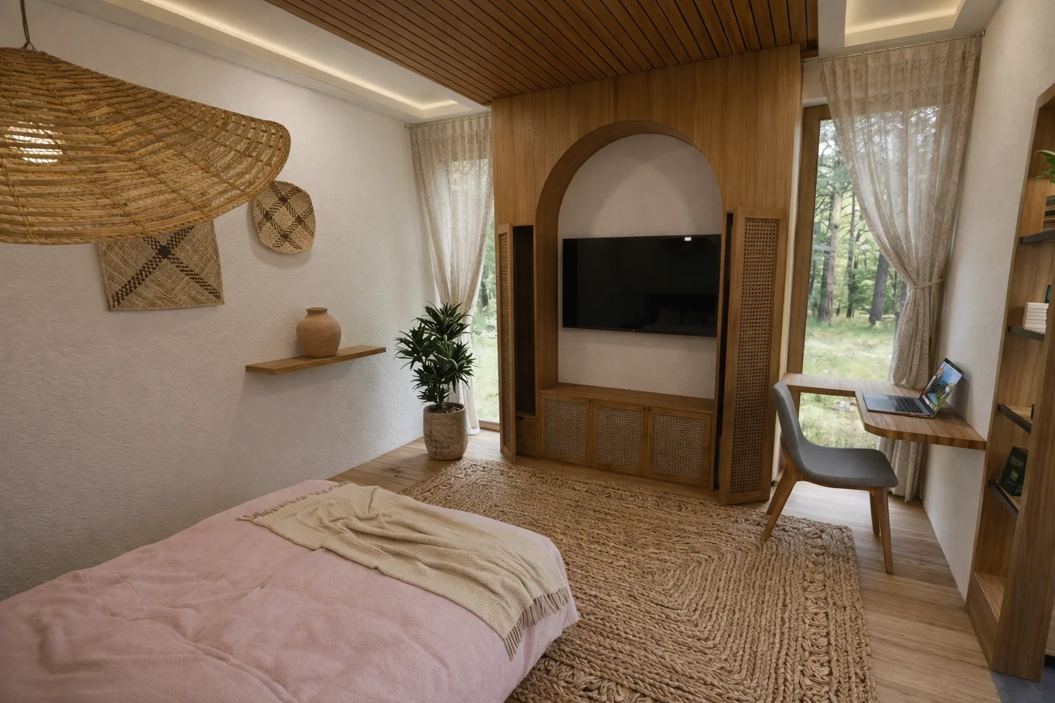 Mezzanine bedroom with wooden beams and wall-mounted TV