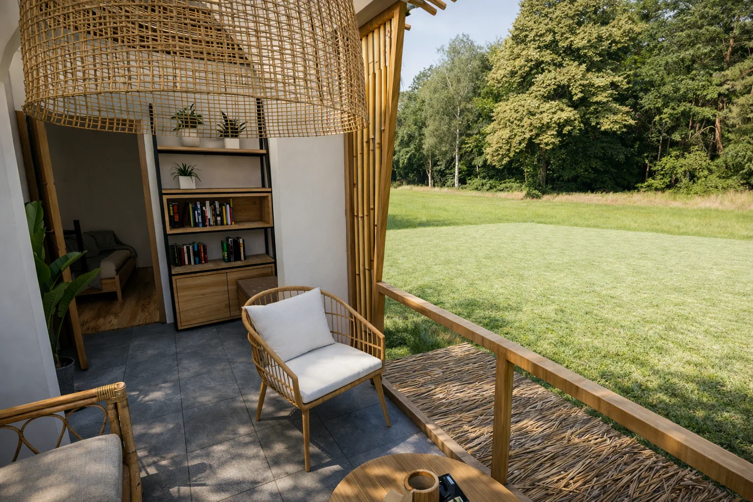 Covered terrace with wicker egg chair and garden access