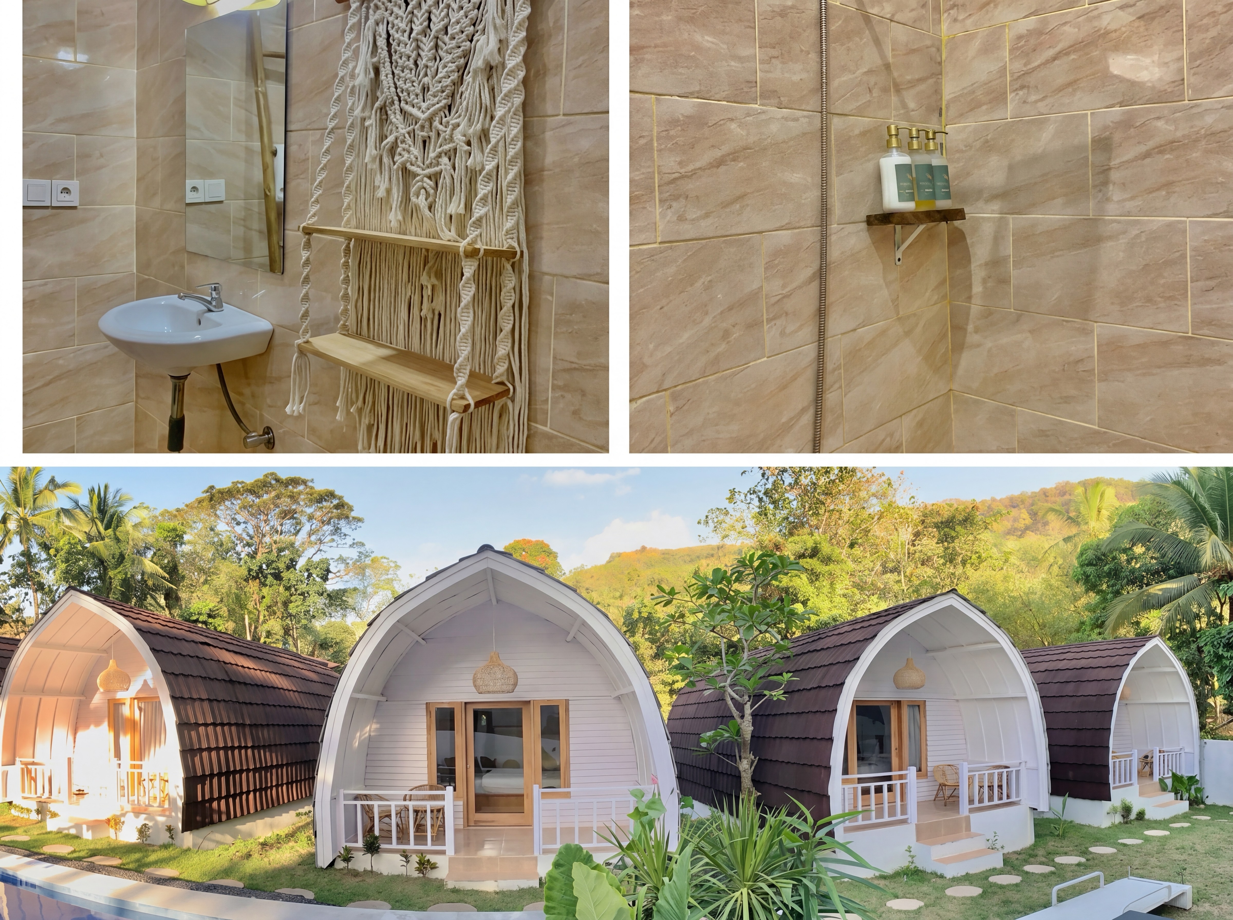 Bathroom sink, walk-in shower and villa row collage