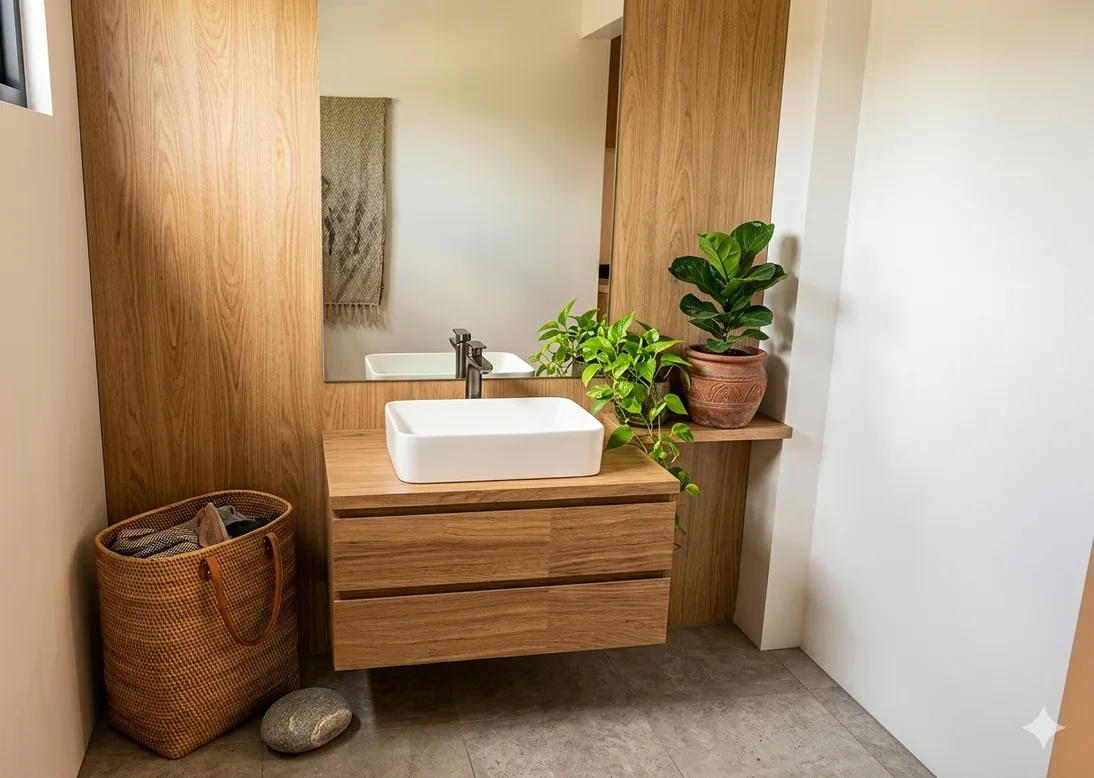 Double sink vanity with woven textile wall detail