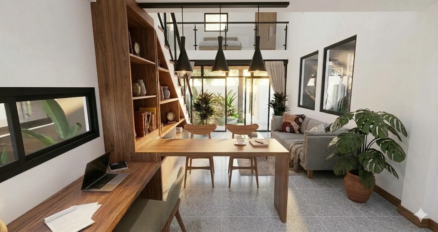 Dining table with mezzanine staircase and pendant lights