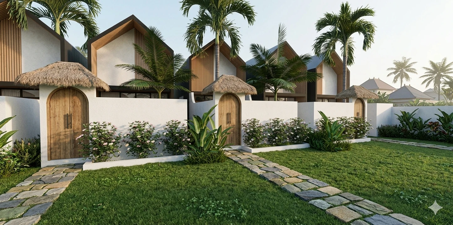 Row of thatched-roof loft villas with arched wooden doors