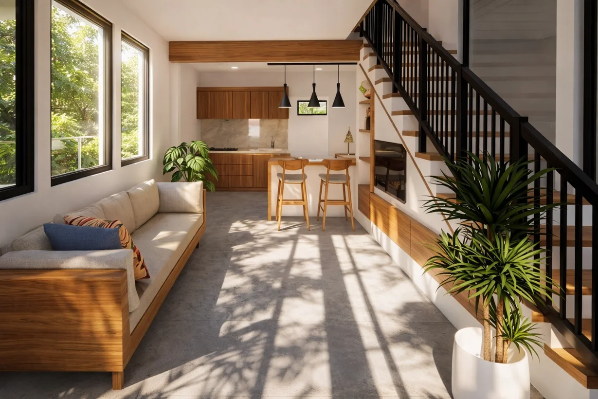 Living area with staircase to mezzanine