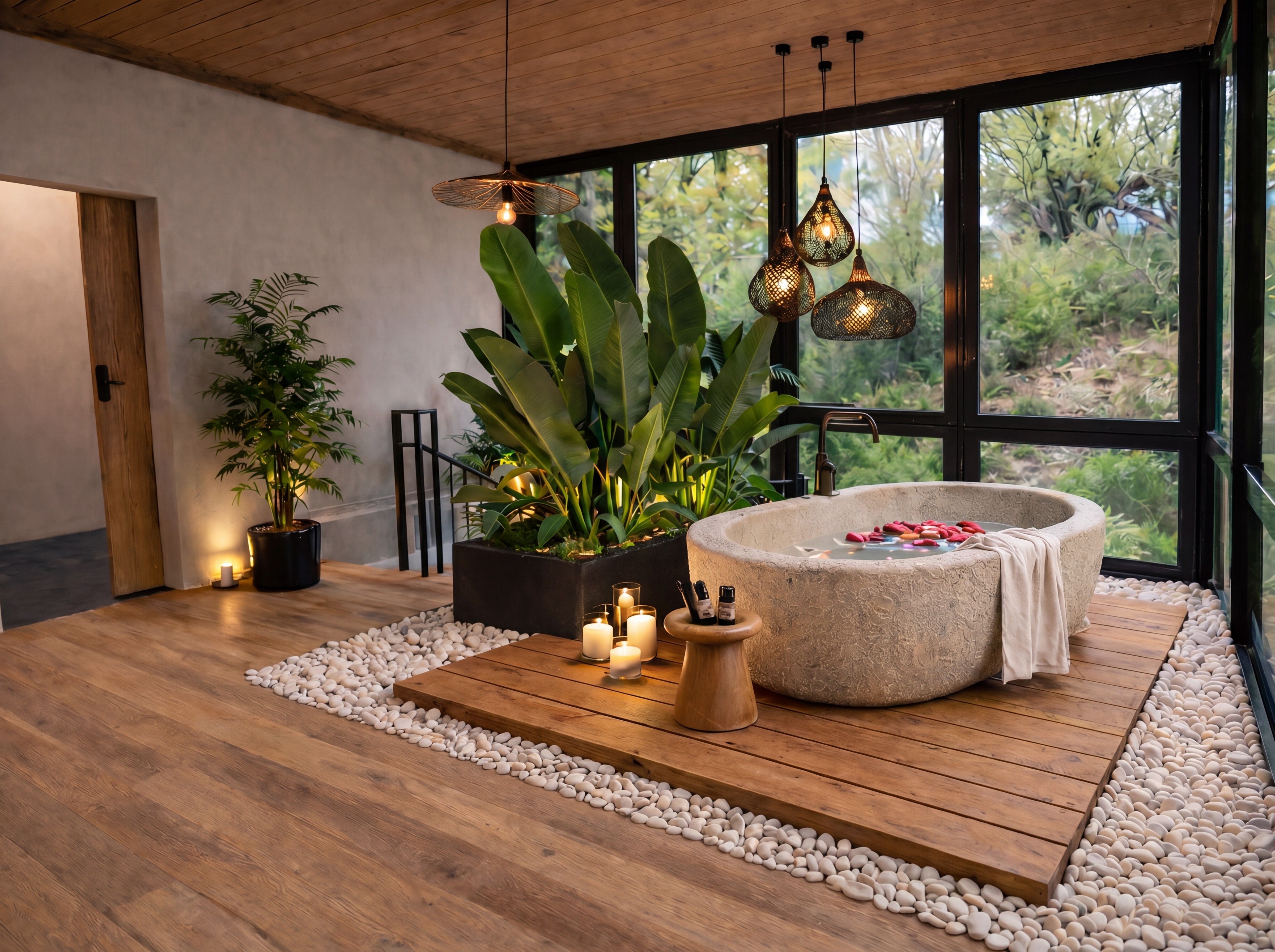 Zen bathroom with stone bathtub