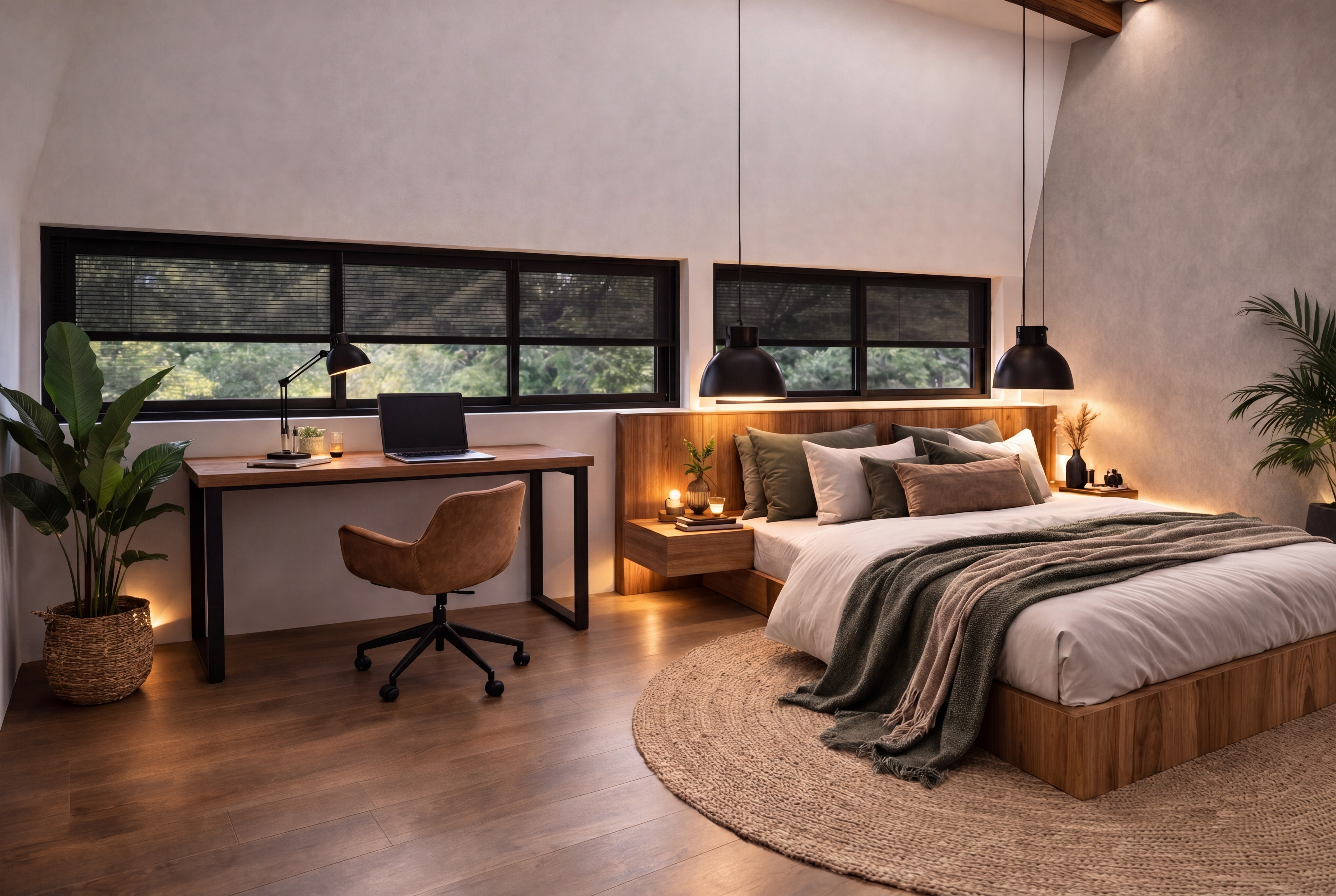 Bedroom with workspace and garden views