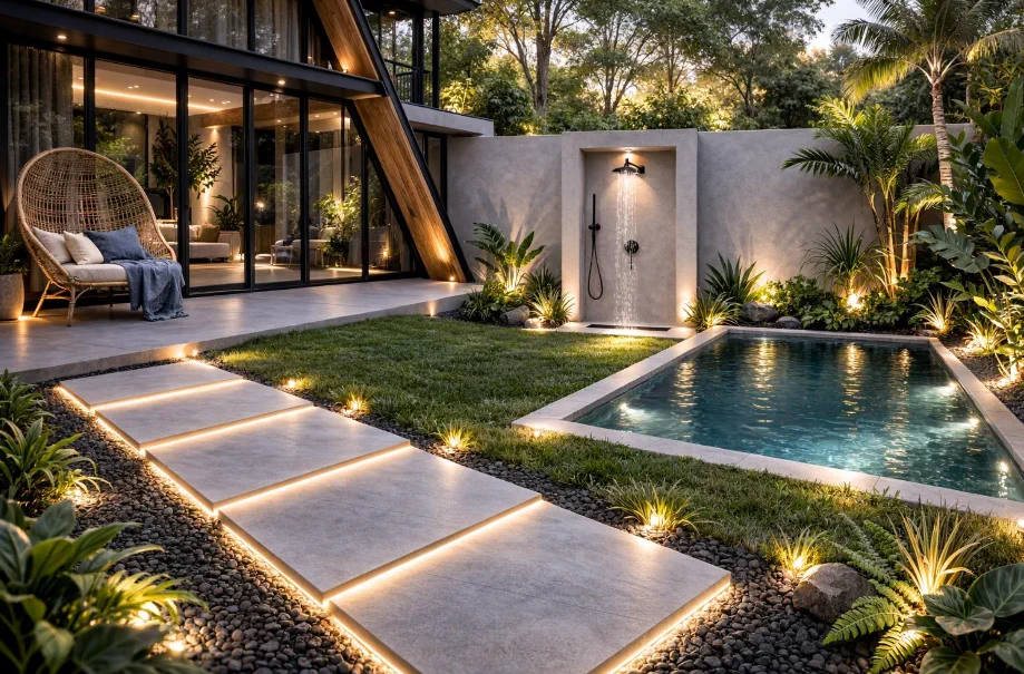 Segitiga A-Frame exterior with pool
