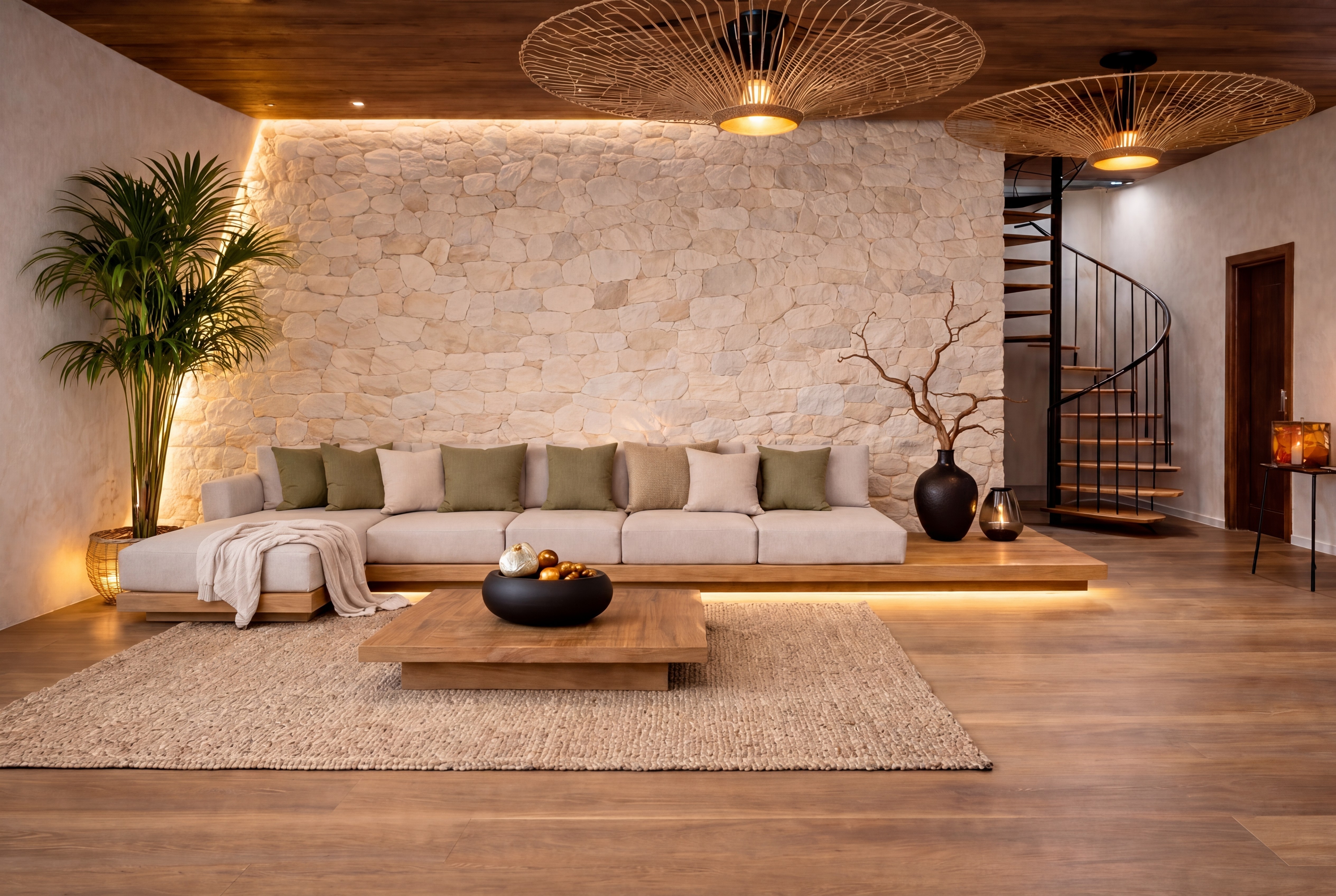 Zen living space with stone feature wall and rattan pendant lights