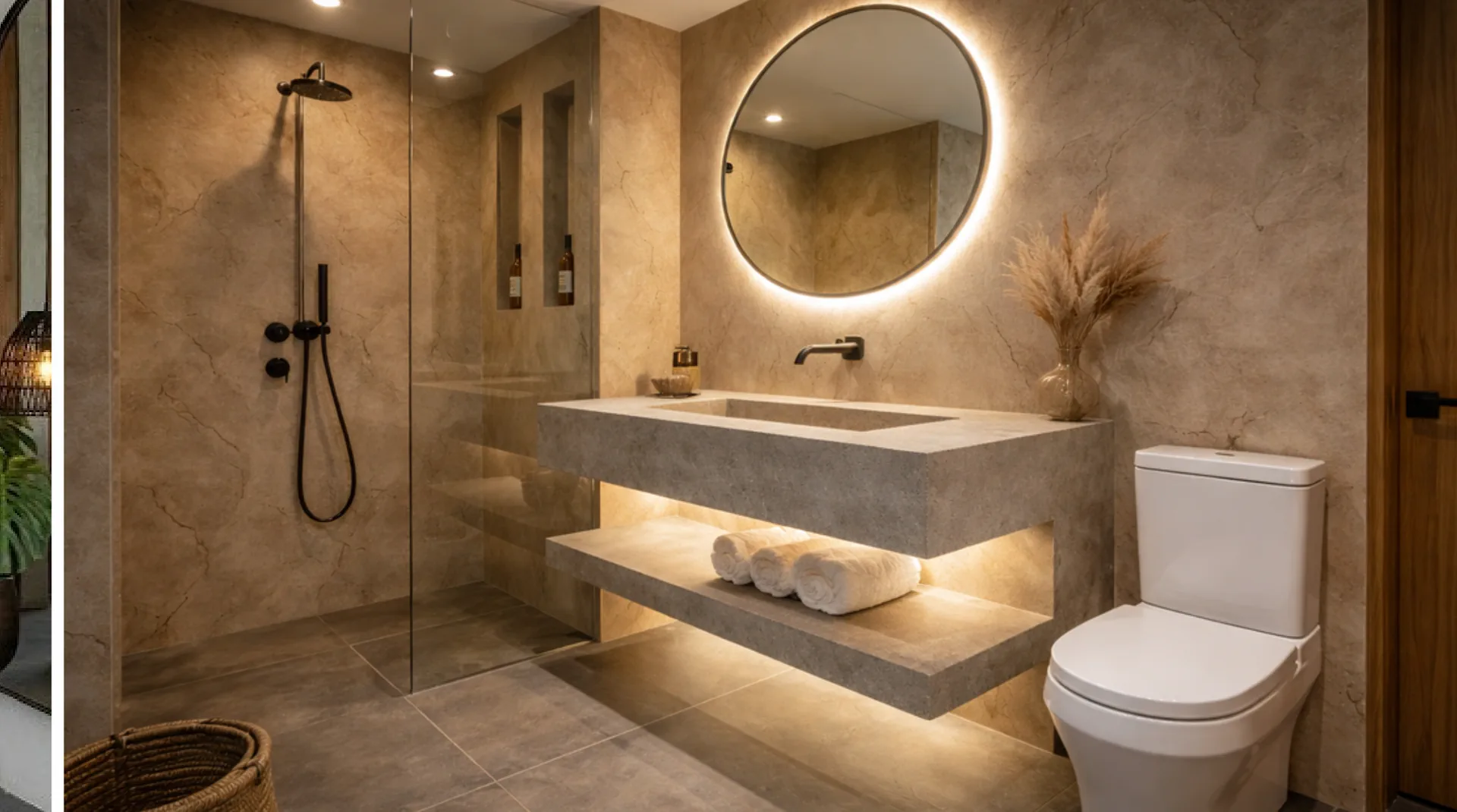 Spa bathroom with marble walls and round illuminated mirror