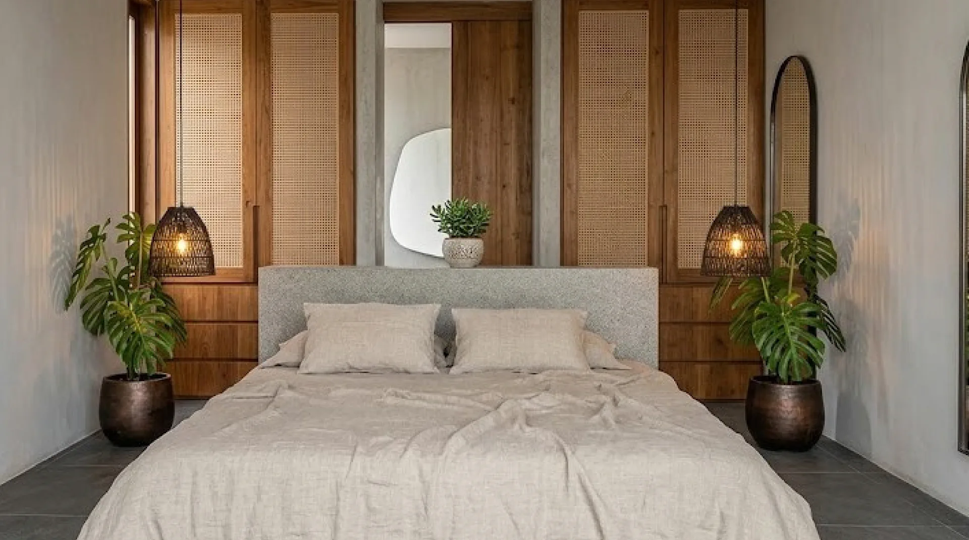 Bedroom with woven wood wardrobes and natural light