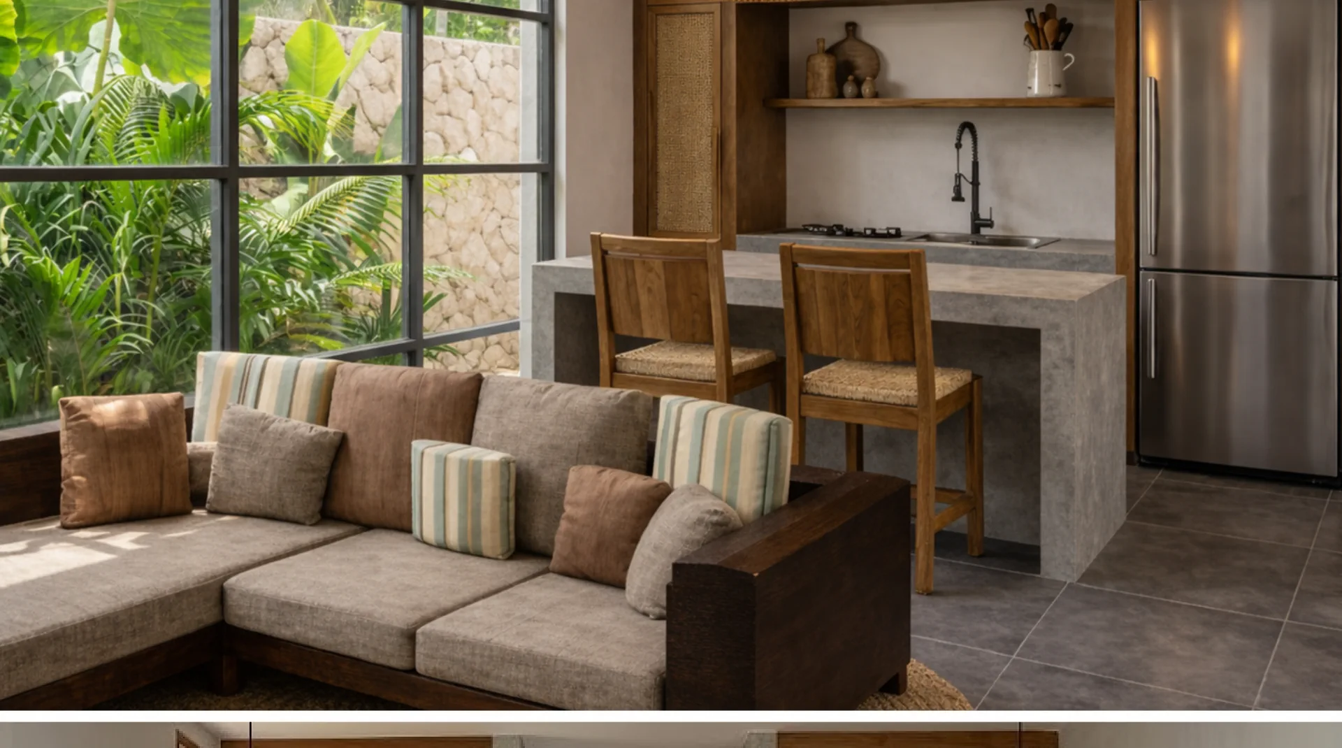 Open-concept kitchen and lounge with pool view