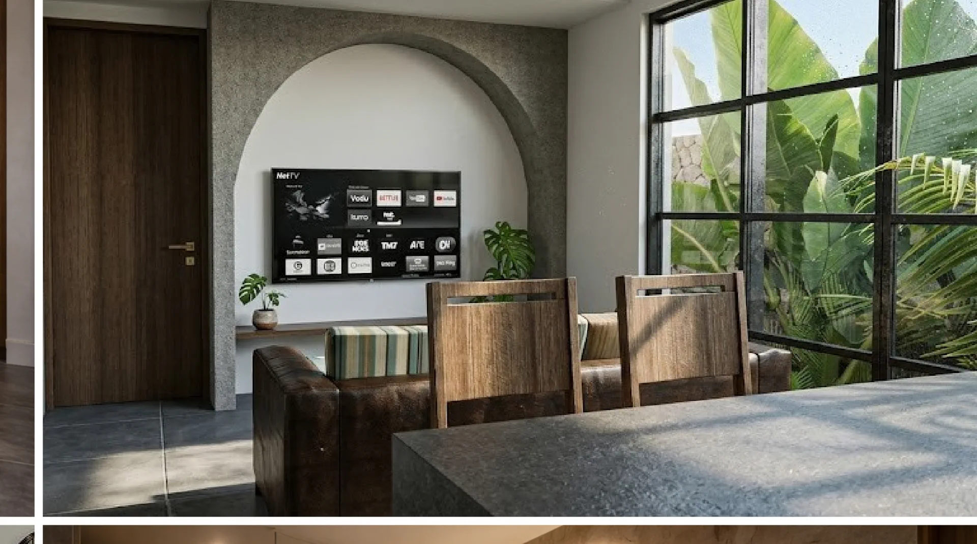 Living room with arched niche and garden views