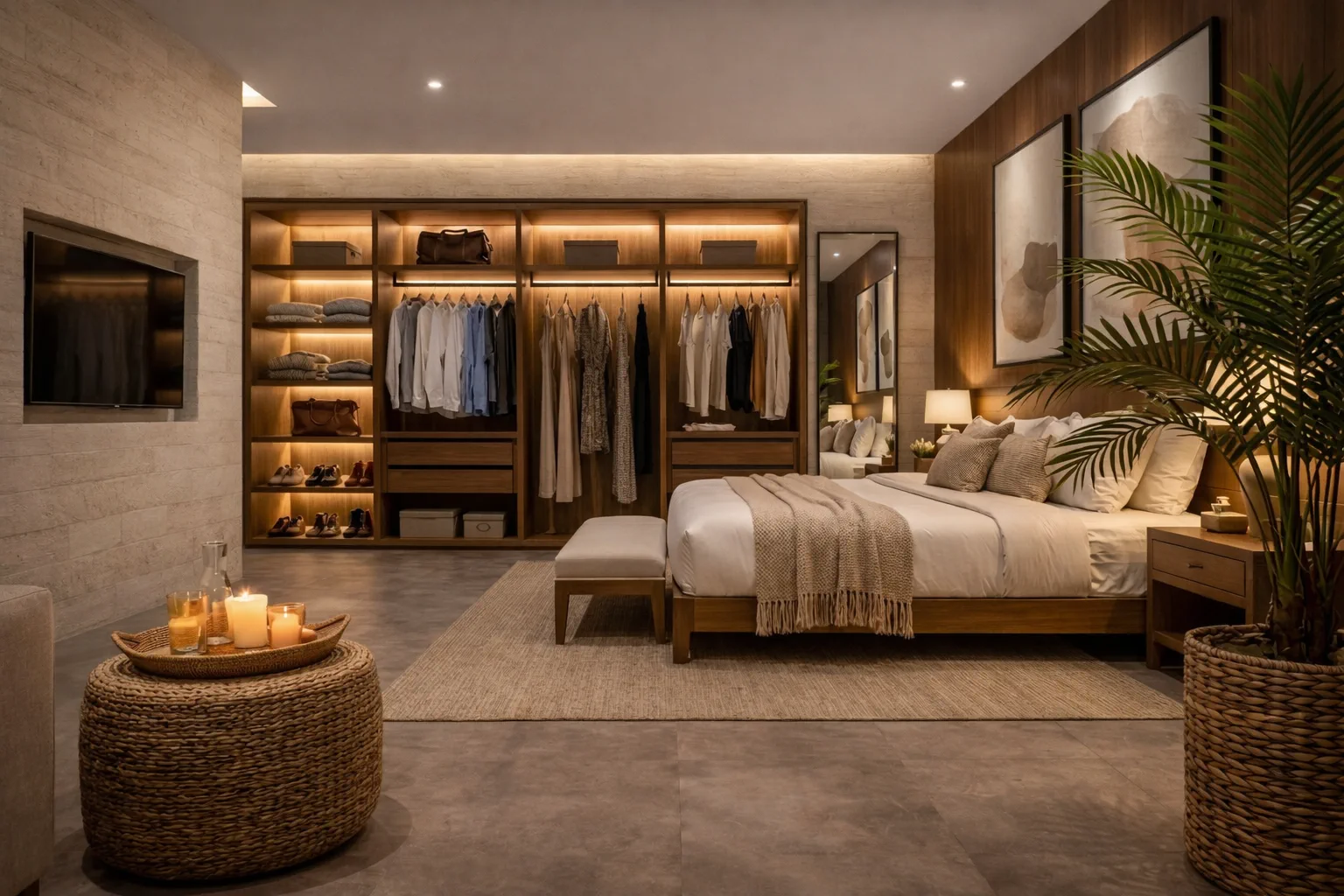 Master bedroom suite with walk-in closet and garden views