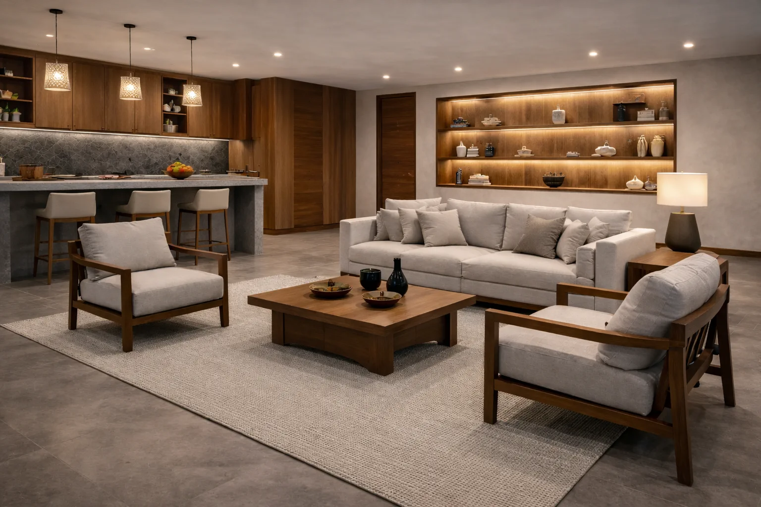 Open living and study space with kitchen island