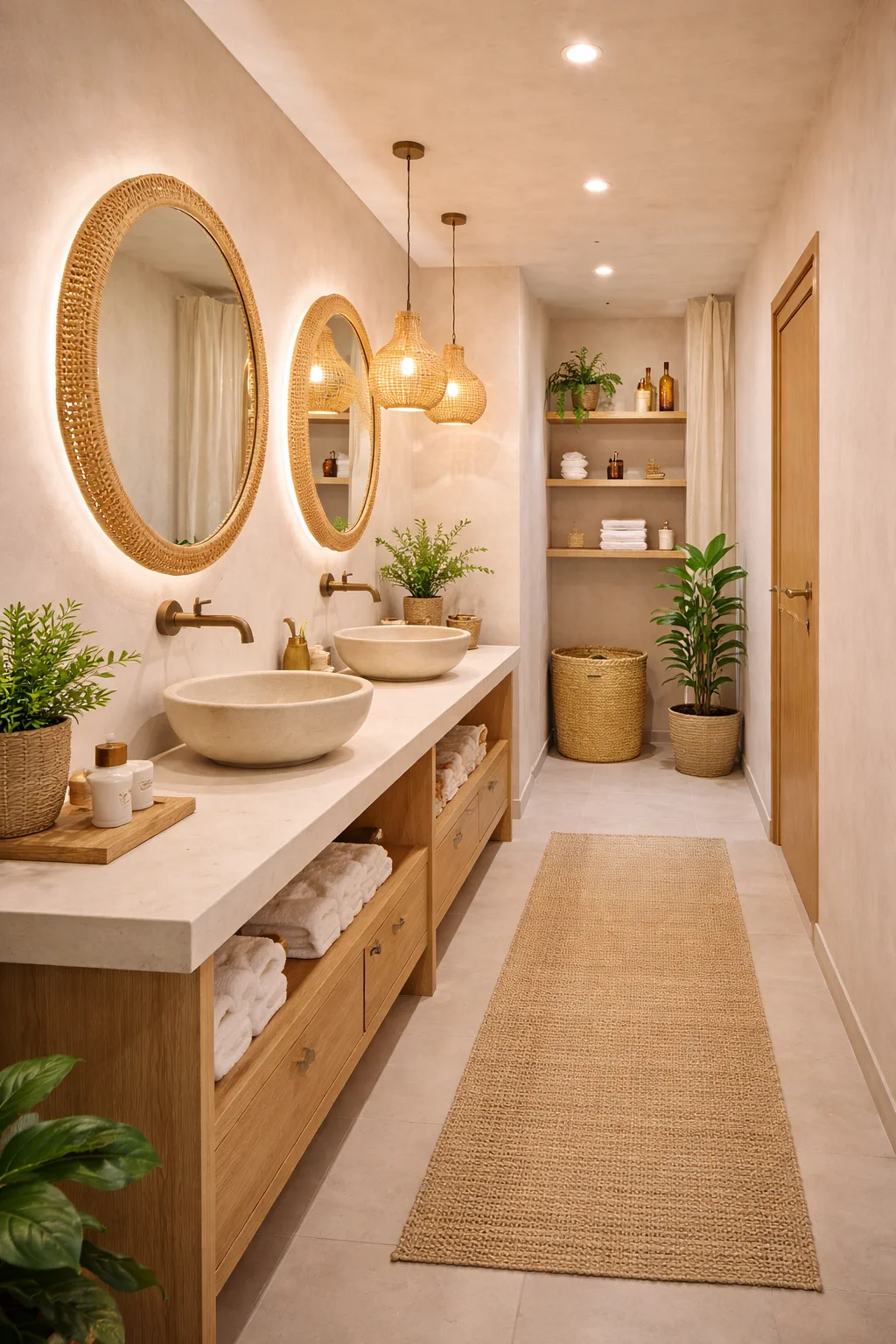 Natural stone bathroom with round backlit mirror