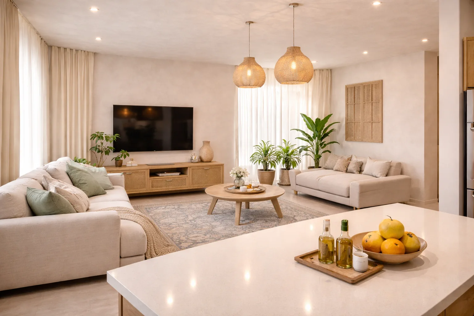 Zen bedroom with woven pendant light fixtures
