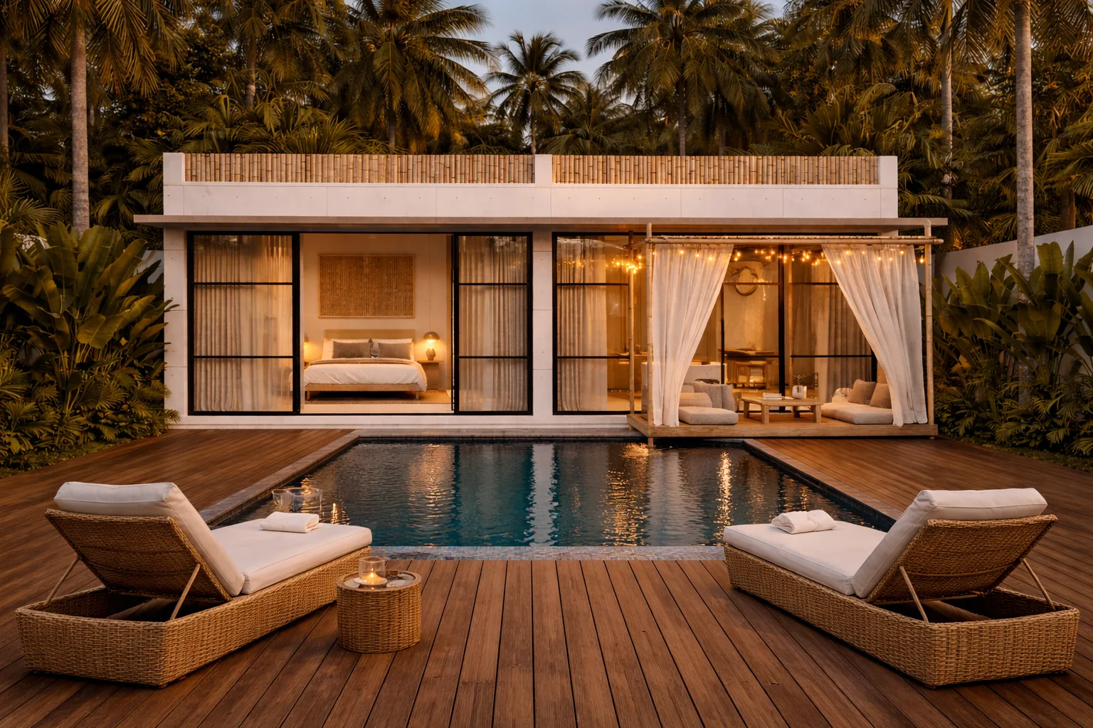 Modern villa with rectangular pool and palm grove