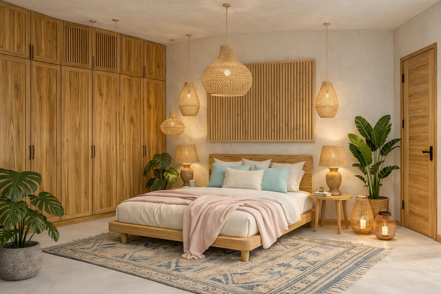 Bedroom with natural wood wardrobes and woven pendant lights