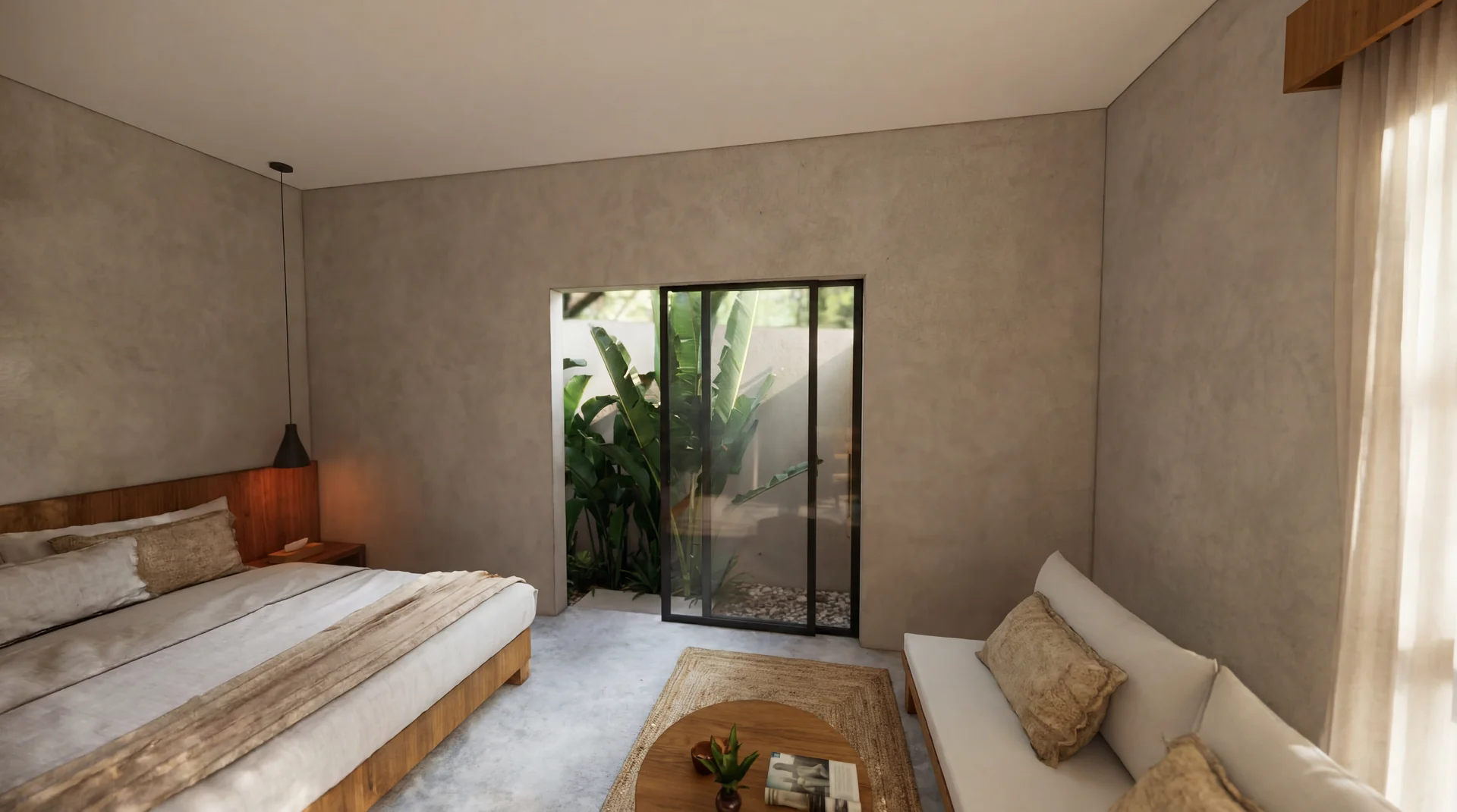 Bedroom with platform bed, lounge sofa and sliding glass door to the patio