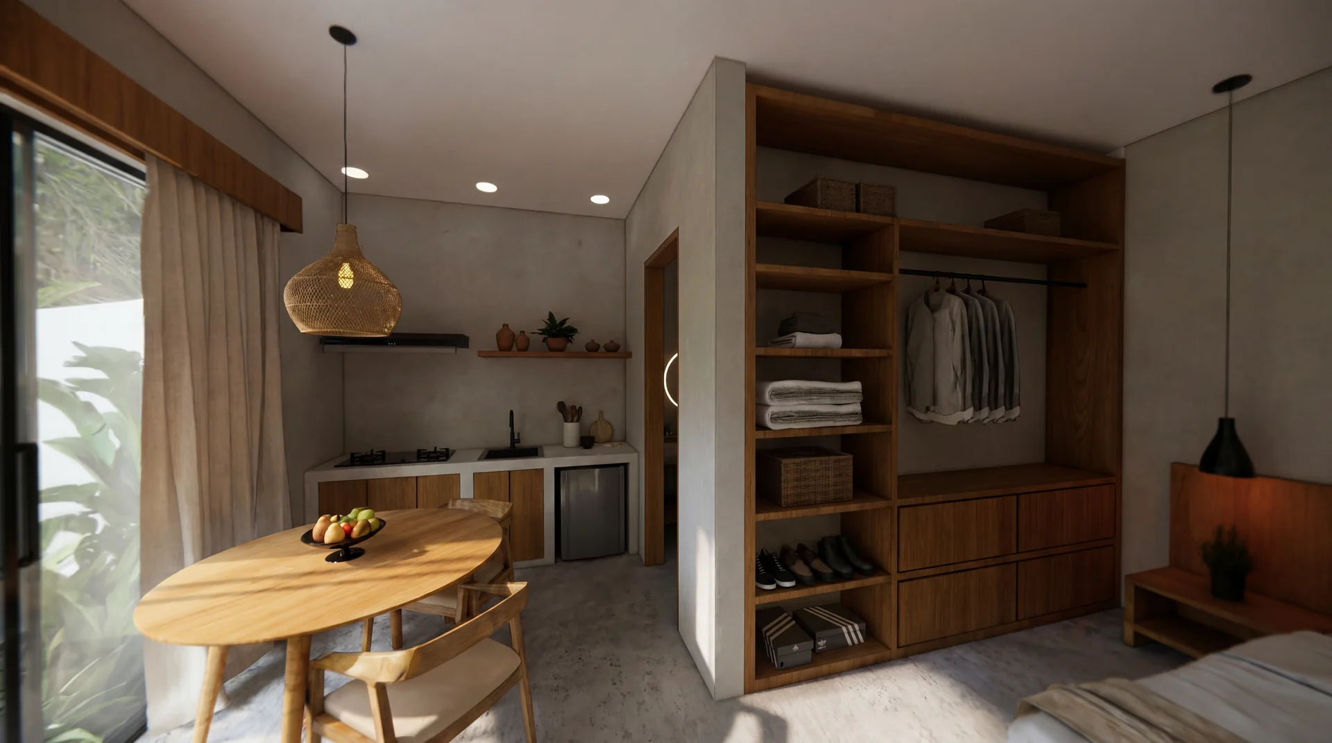 Open kitchen-dining with woven pendant lamp and wooden wardrobe