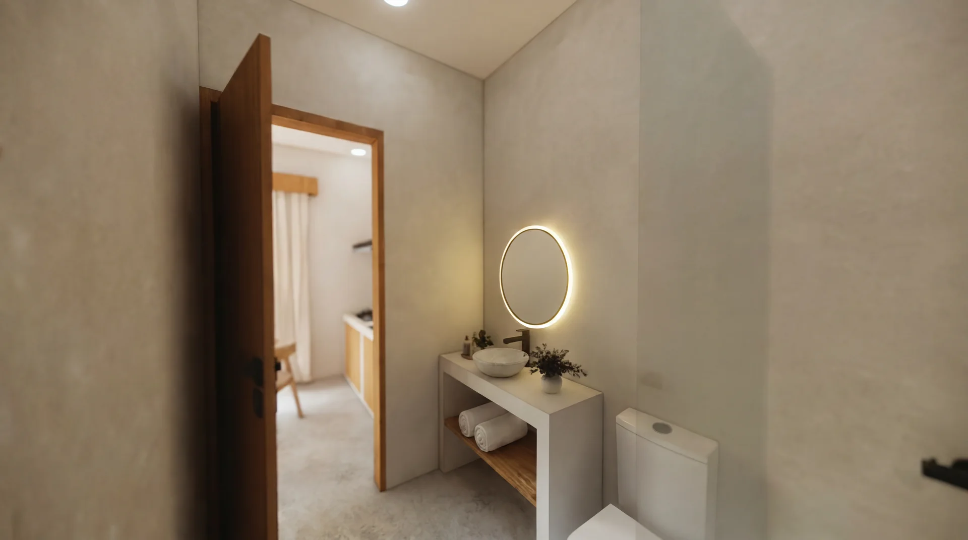 Bathroom with backlit round mirror, stone vessel sink and walk-in shower