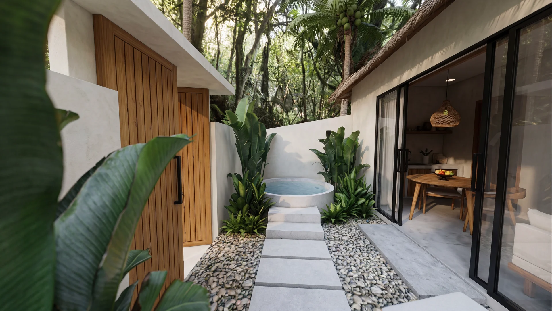 Side path through tropical garden leading to the outdoor bathtub