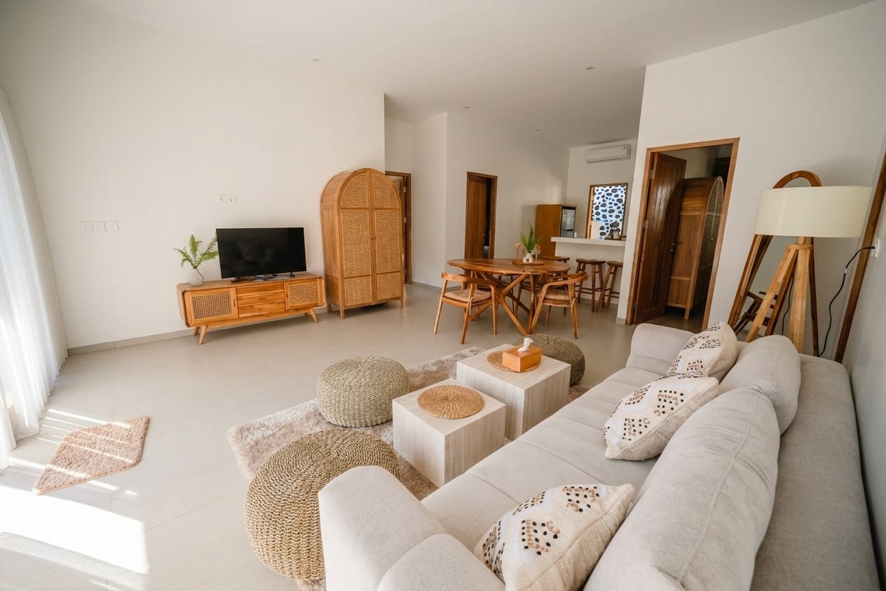 Open living room with sofa, rattan cabinet and dining area
