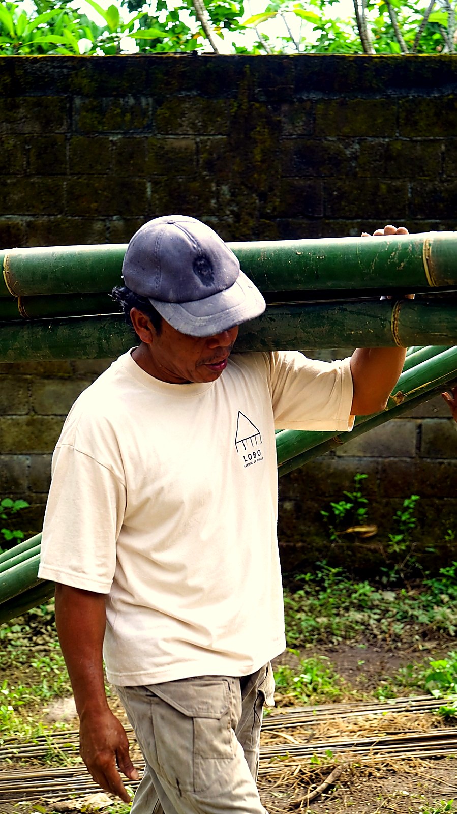 Local Lombok International Development worker carrying bamboo on site