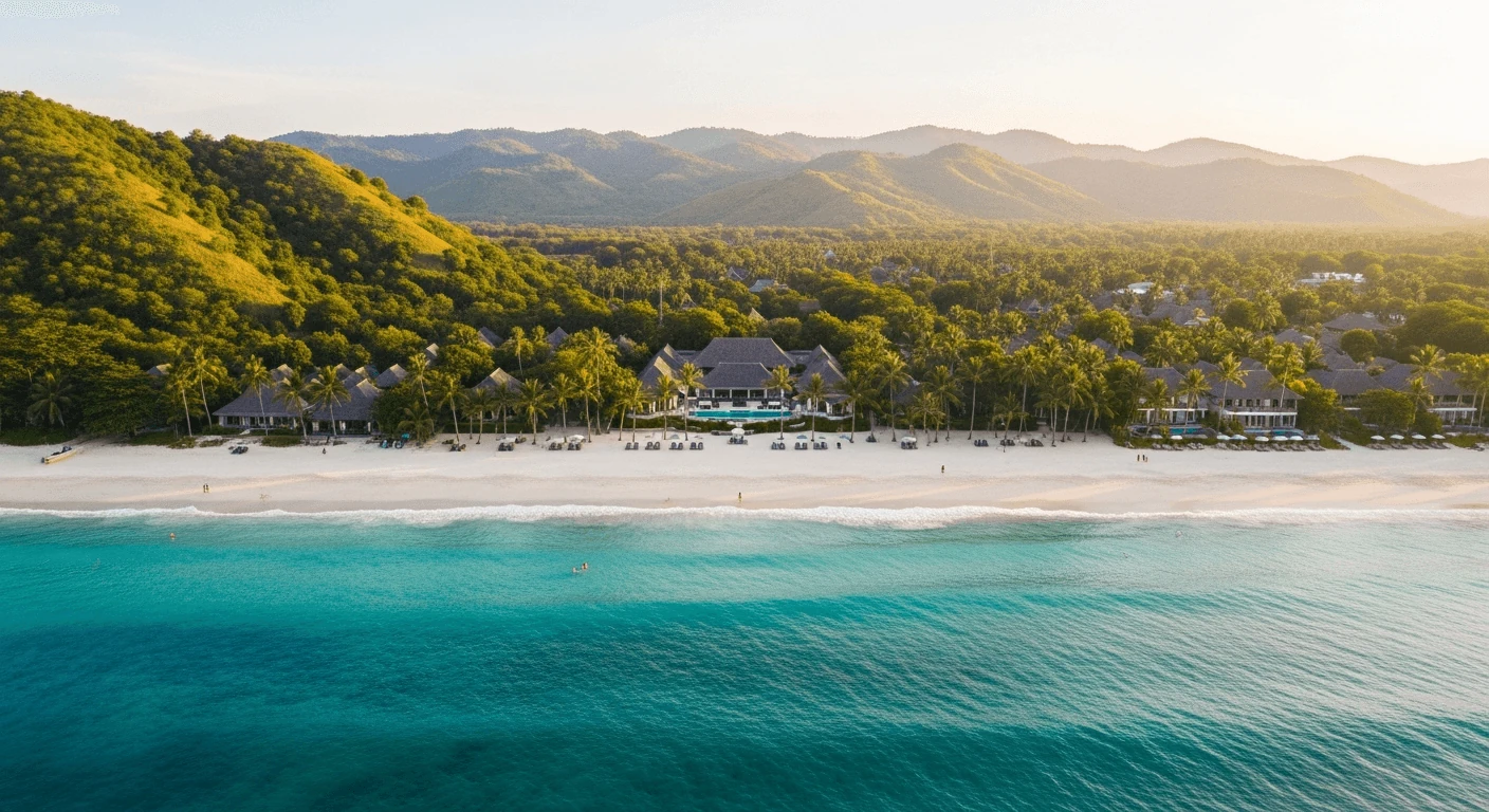 Luxury villa with infinity pool set against tropical jungle hills — Lombok, Indonesia